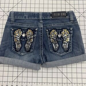 Rue21 Shorts Juniors 5/6R Blue Denim Cuffed Cut Off Sequin Angel Wings